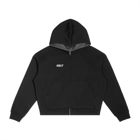 Contrast Plaid Boxy Zip Hoodie
